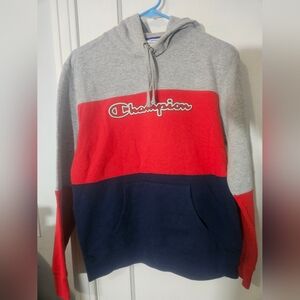 Champion Authentic Sweatshirt Hoodie Womens Small Embroidered Logo Gray Red Navy